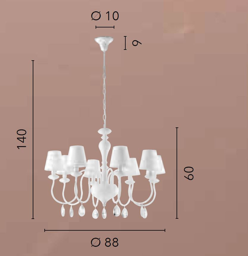 Sospensione 8 luci metallo bianco cristalli K9 paralume bianco 8XE14 non incl. ARTHUR Sospensione 8 luci metallo bianco cristalli K9 paralume bianco 8XE14 non incl. ARTHUR